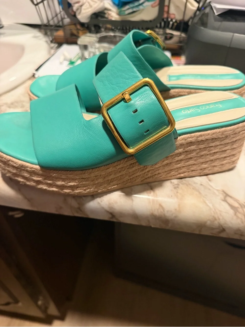 Franco Sarto Turquoise Espadrille Slide Sandals with Gold Buckle